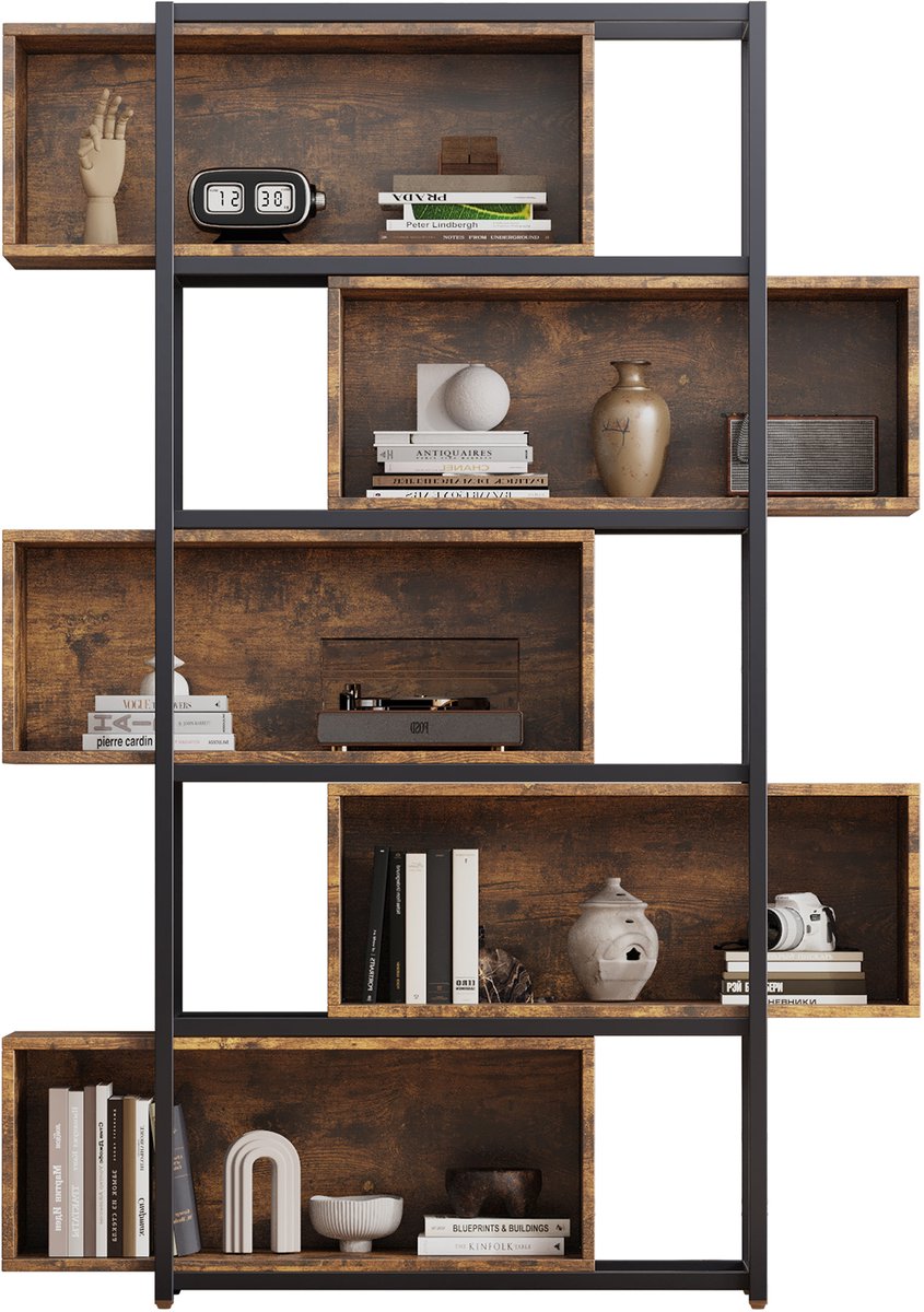 Merax Industriële boekenkast | 5 planken | Bruin hout + zwart metaal | Robuust design