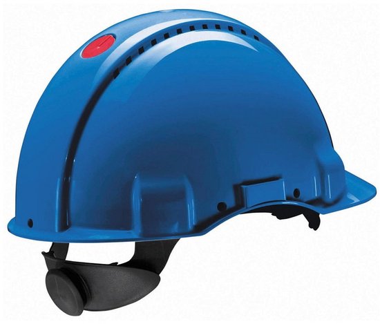 Blauwe veiligheidshelm met draaiknop en ventilatiegaten.
