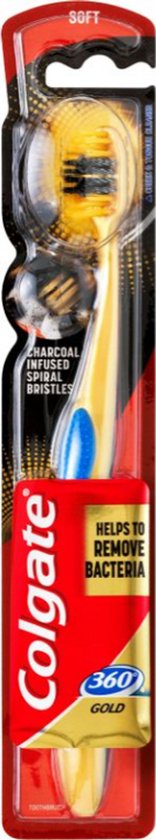 Brosse à dents dorée Colgate "360 Charcoal Gold" dans un emballage transparent. Accents rouges et bleus sur le manche.