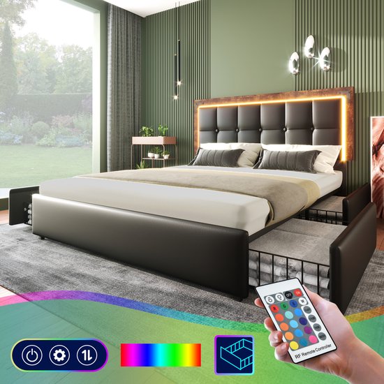 Zwart led-bedframe in een groene kamer, met een hand die een afstandsbediening vasthoudt en de kleurmogelijkheden.