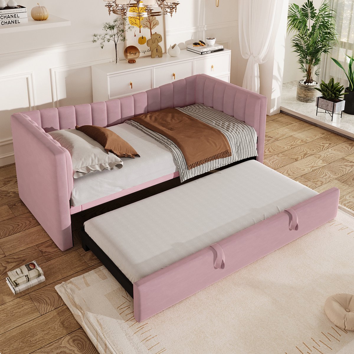 Ligbed - 90 x 200 cm (180 x 200 cm) Gestoffeerd bed met uitschuifbaar bed - Slaapbank - zonder matras Fluweel - Roze