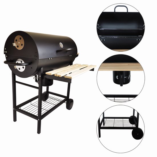 XXL Houtskoolbarbecue op Wielen - Met Deksel, Thermometer & 3 Verstelbare Roosters - Ruim Grilloppervlak - Incl. Zijtafels & Aslade - Smoker Barbecue - Ideaal voor de Tuin van Merkloos — afbeelding 2