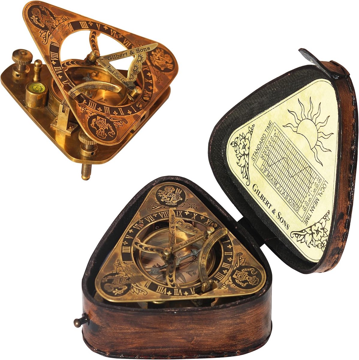 Antiek Steampunk driehoekige zonnewijzer - handgemaakt messing kompas - lederen doos
