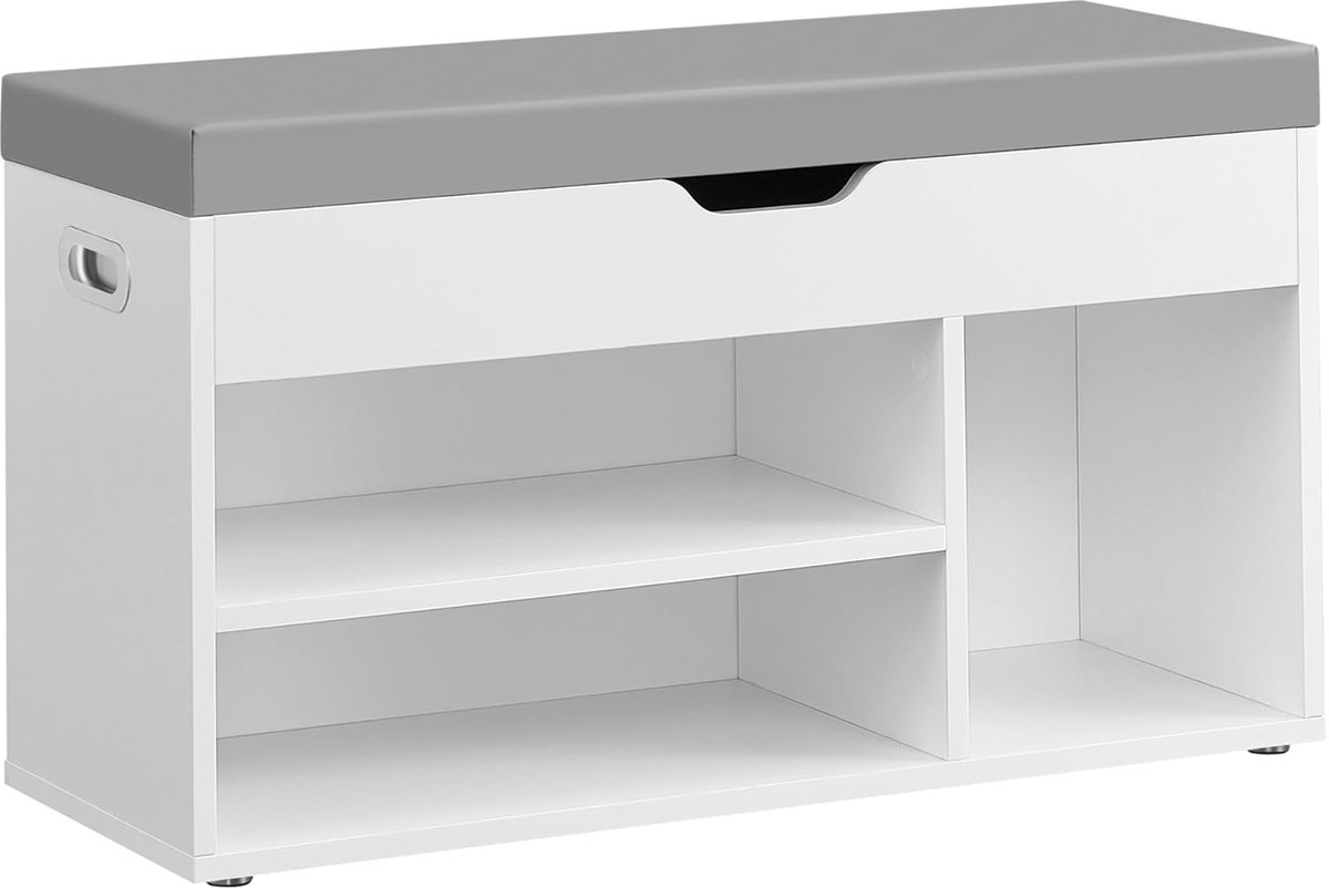 VASAGLE schoenenbank met zitting, bank met opbergruimte, gevoerd, 3 open vakken, vak onder zitkussen, schoenenrek voor woonkamer, hal, draagvermogen tot 150 kg, wolkenwit
