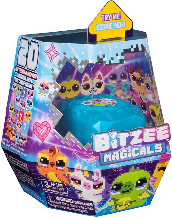 Bitzee Magicals verpakking met 20 digitale diertjes, een blauw beestje en pixeldruk.