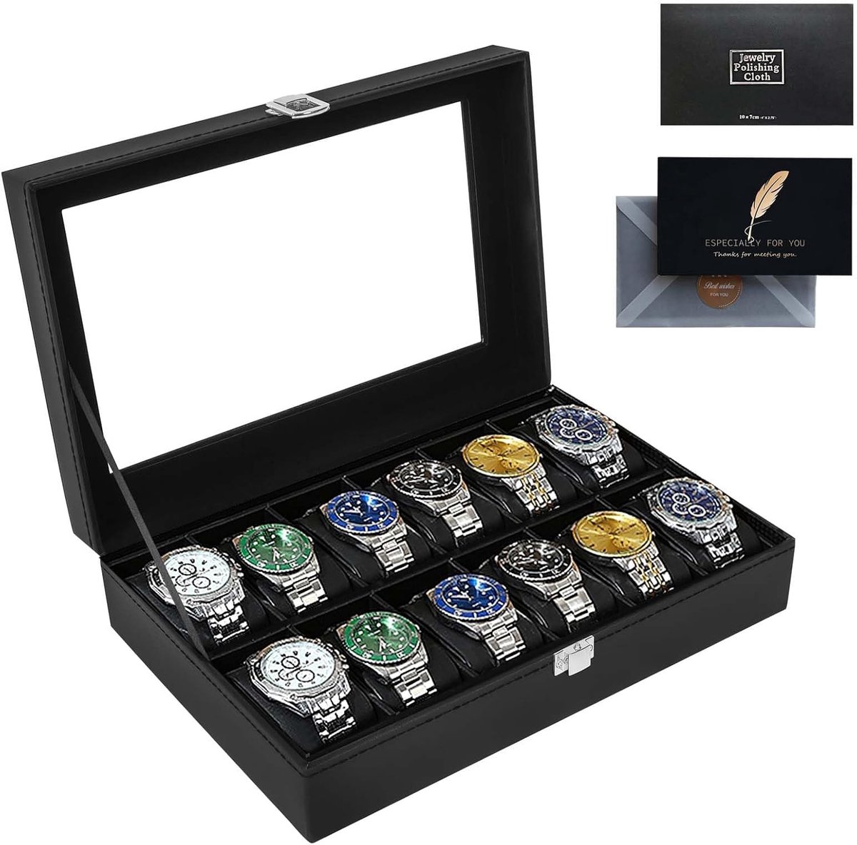 Horlogebox met 12 vakken - Organizer voor horloges - Zwart