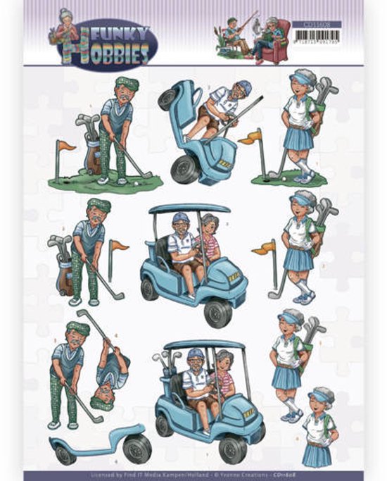 Stansjes van golfspelers met golftas, clubs en golfkarretjes.