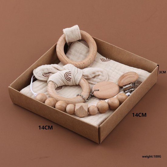 Baby Geschenkset - 3-delige set - Kraamcadeau - babyshower- gender reveal - Unisex baby cadeau - kraamvisite- jongen - meisje - giftset - bijtring - doorkomende tandjes - speenkoord - speenketting - knuffeldoekje - Beige met print van Merkloos — afbeelding 2