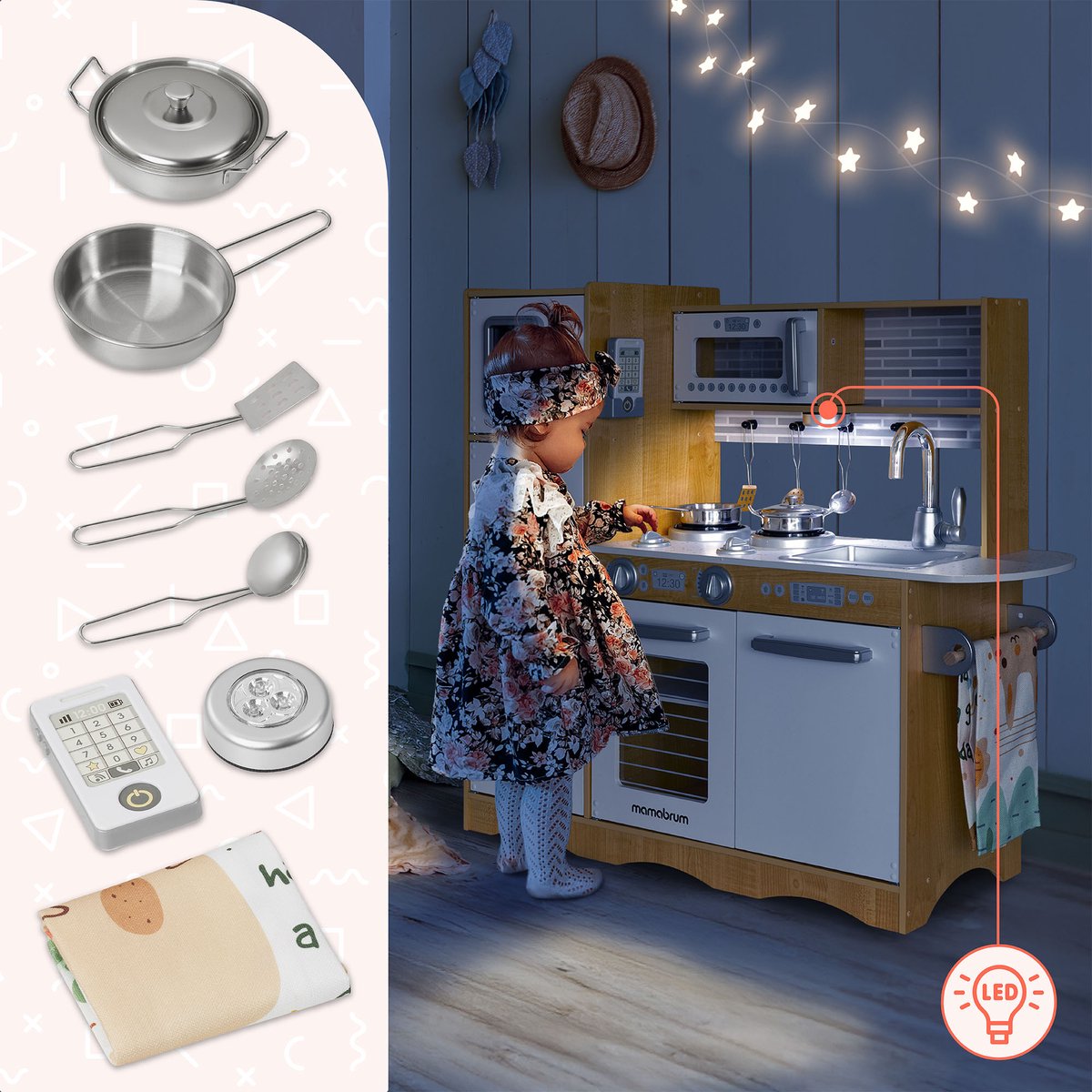 Mamabrum Houten Speelgoedkeuken XL - Kinderkeuken met accessoires - Speelgoed keuken incl pannenset, keukengerei, keukenschort, keukenset - Speelkeukentje voor kinderen vanaf 3 jaar — afbeelding 12
