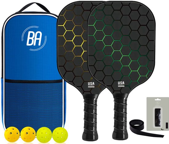 Foto: Best active pickleball set 2 rackets 4 ballen carbon fiberglass geel groen inclusief rackettas usa pickleball goedgekeurde set pickleball paddle inclusief ballen en grip