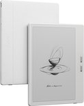 Witte e-reader met een schets van een kom op een schotel, naast een schrijfomslag.