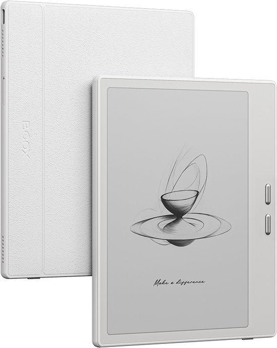 Witte e-reader met een schets van een kom op een schotel, naast een schrijfomslag.