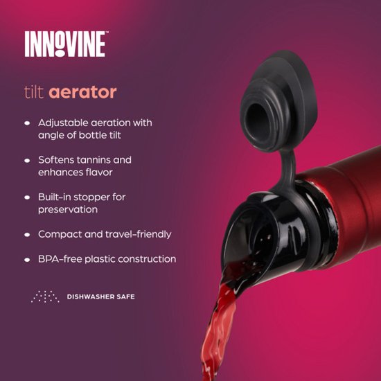 Innovine tilt aerator: rode wijn wordt uit een fles geschonken. Kenmerken: verstelbare beluchting, ingebouwde stop.