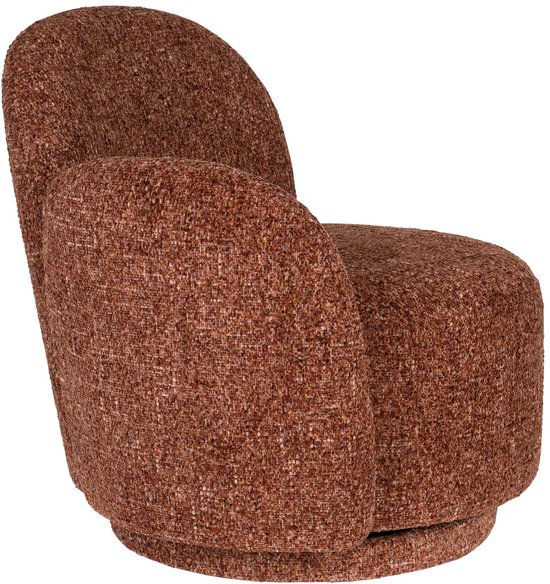 Draairoyaal fauteuil in bordeauxrode boucléstof met ronde vormen.