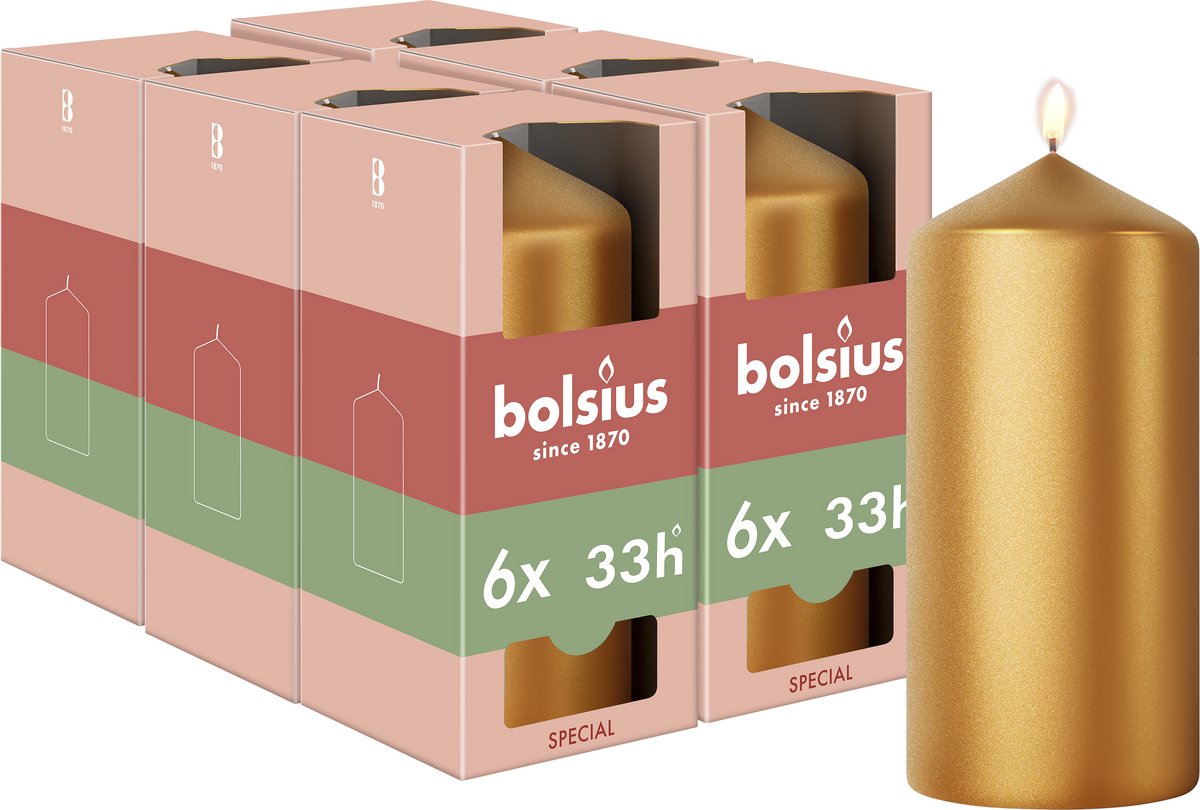 Bolsius Gladde Stompkaars - 6 stuks - Metallic Goud - 12 cm - 33 Branduren