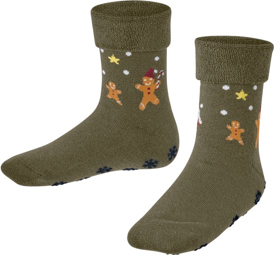 Khaki sokken met gingerbread mannetjes, sterren en sneeuwvlokjes. Omgeslagen boord.