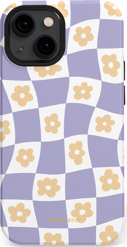 Lila en witte geruite hoes voor iPhone 13 Mini met gele madeliefjesprint.