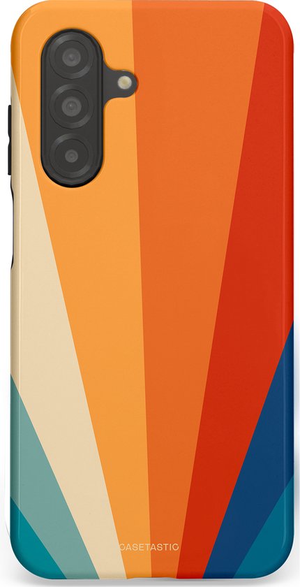 Telefoonhoesje met retro zonneschijnpatroon in oranje, geel, blauw en groen.