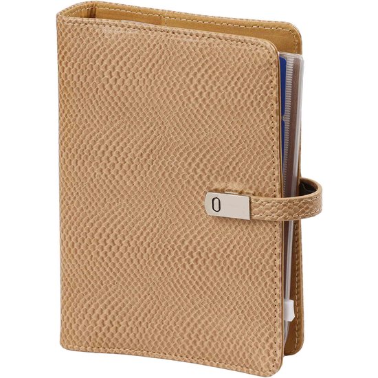 Bruine slangenprint planner, open, met een glimp van de inhoud.