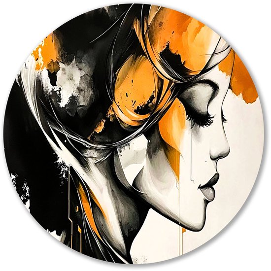 Portrait abstrait aux accents orange - Cercle mural portrait - Plaque murale visage - Expressionnisme abstrait - Dibond - Décoration de bureau - Cercle mural aluminium 50x50 cm