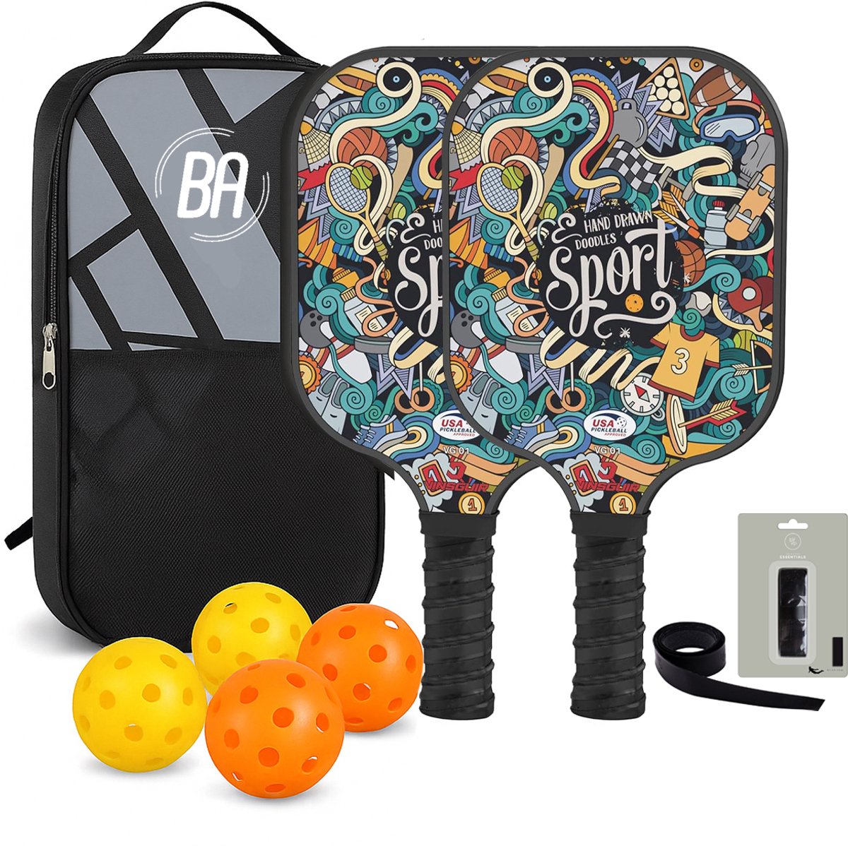 Best Active Pickleball Set - 2 Rackets & 4 Ballen - Carbon Fiberglass - Fun Smash - Inclusief Rackettas - USA Pickleball Goedgekeurde Set - Pickleball Paddle - Inclusief Ballen en Grip