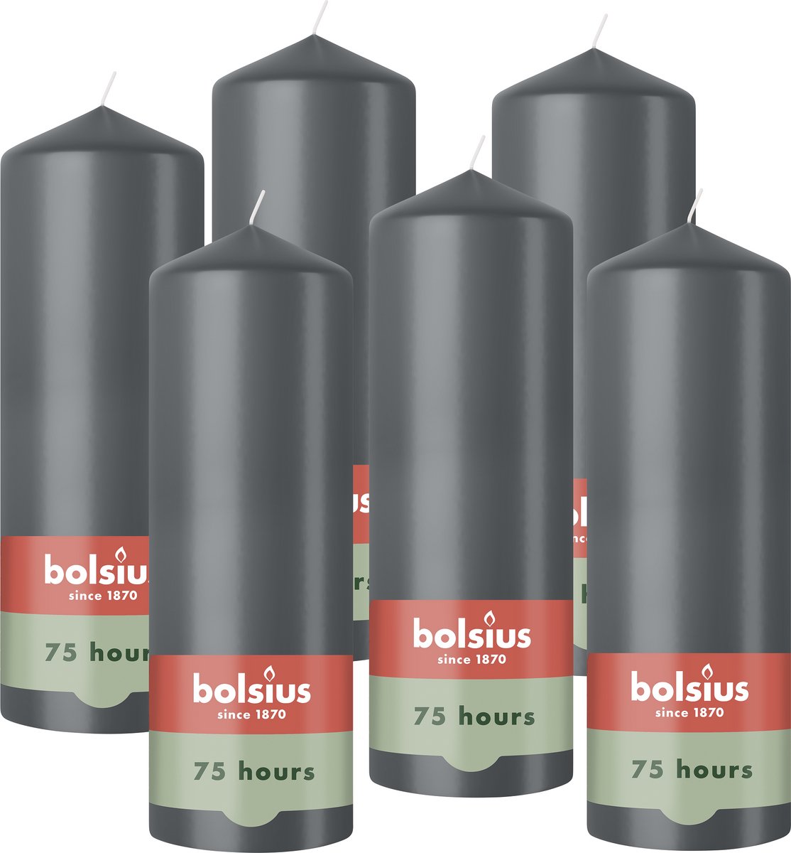 Bolsius Gladde Stompkaarsen - 6 Stuks - Antraciet - 20cm - 75 Branduren