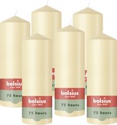 Vijf beige stompkaarsen met rode en groene labels met 'bolsius since 1870' en '75 hours'.