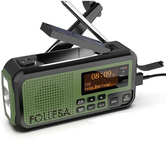 FOLLESA® DAB-373BT Noodradio met Solar Powerbank - 5500mAh - DAB+/FM - Met Waterdicht zakje - Noodradio - Opwindbare Survivalradio - Bluetooth & Digitale Wekker - Ideaal voor Noodpakket.