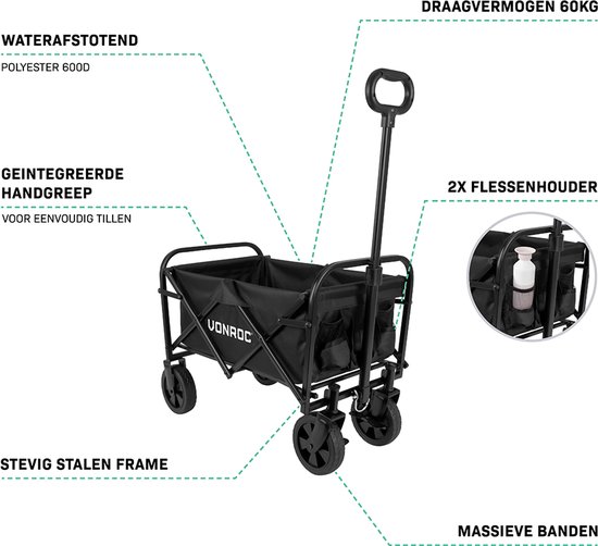 VONROC Bolderkar - Compact model - Opvouwbaar - 60 kg draagvermogen - 50l inhoud - Massieve anti-lek wielen - Stevig stalen frame - Polyester 600D - Zwart van VONROC — afbeelding 3
