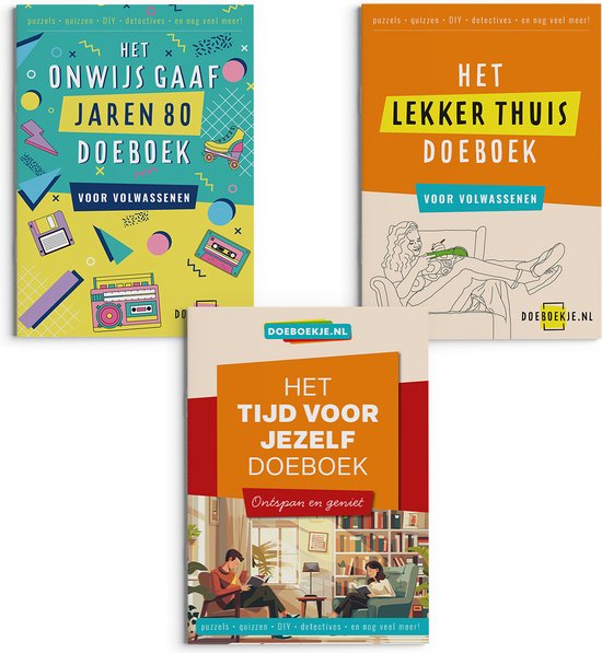 Tijd voor Jezelf + Onwijs Gaaf Jaren 80 + Lekker Thuis Doeboek - voor volwassenen - puzzelen, quizzen, hersenkrakers, escapespellen/detectives, spelletjes - voordeeltrio, brievenbus cadeau