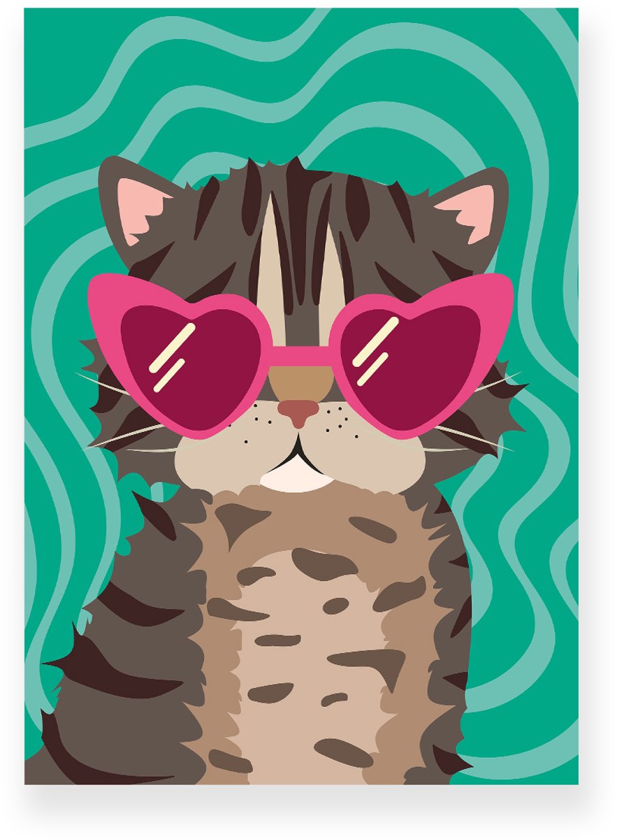 Yisual Poster 30x40 cm - Kat met zonnebril - Groen - Roze - Dopamine Decor - Dieren - Muurdecoratie - Wanddecoratie Grijs