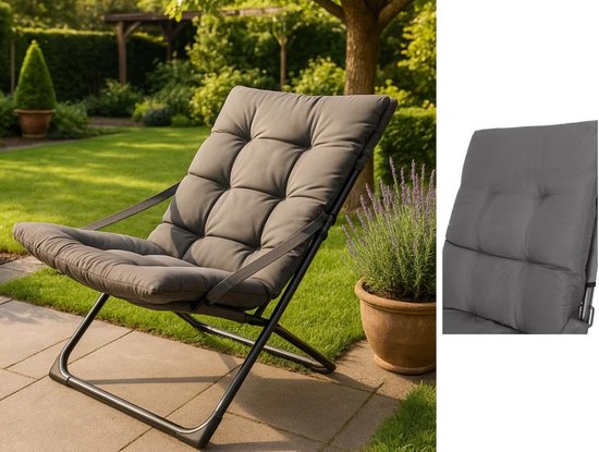 Fameilleur-lounge stoel met kussen-grijs- loungestoel-tuinstoel-- tuin stoel- Loungestoel met Kussen – Inklapbaar – grijs – 84 x 63 x 88 cm – Comfortabel, Lichtgewicht & Draagbaar – Voor Tuin, Camping of Strand-