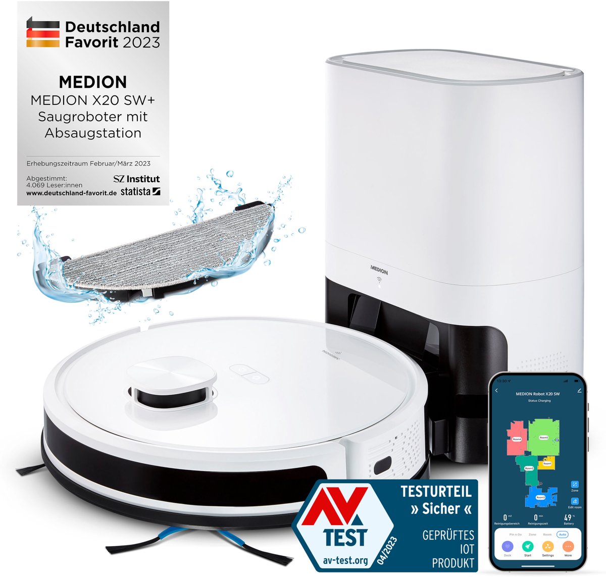 Afbeelding 2 van MEDION robotstofzuiger met zuigstation en dweilfunctie X20 SW+ (lasernavigatie, krachtige 3000Pa zuigkracht, 2in1 robotstofzuiger, nauwkeurig in kaart brengen, Go & No Go zones, meerdere vloeren)