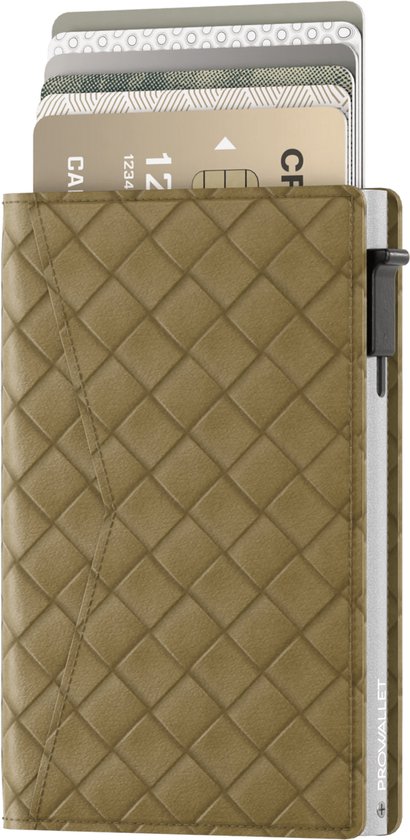 Prowallet Slim – Porte-cartes RFID - Vert tressé – Portefeuille compact pour 8 cartes et billets – Porte-cartes coulissant en aluminium et simili cuir – Coffret cadeau de luxe – Homme & Femme