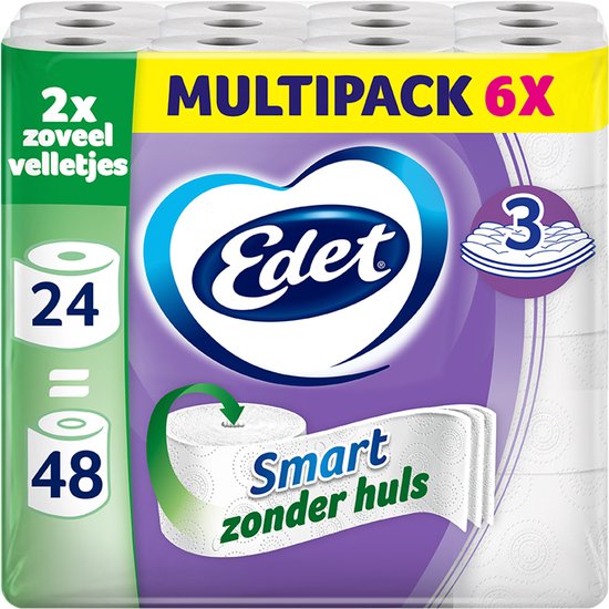 Multipack 6x Edet Smart toiletpapier zonder huls. 24 rollen = 48 rollen. 3 lagen.