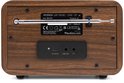 Achterkant radio met aansluitingen, antenne, typeaanduiding en CE-markeringen.