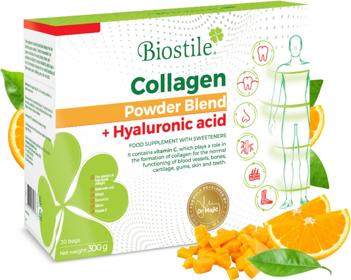 Biostile – Collageen Poeder Blend Met Hyaluronzuur – 5 Bronnen Gehydrolyseerd Collageen – Hyaluronzuur - Vitamine C – 30 Zakjes