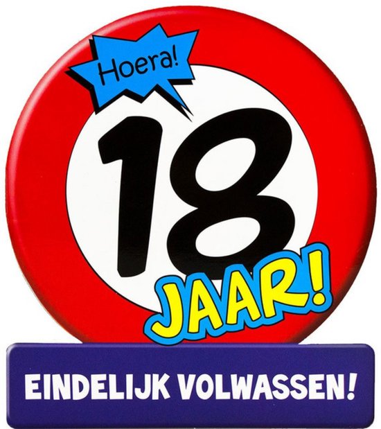 Rond bord met rode rand, met 'Hoera! 18 jaar!' en 'Eindelijk VOLWASSEN!'
