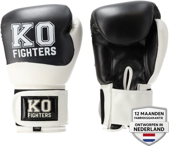 Zwarte en witte bokshandschoenen met 'KO FIGHTERS' logo. 12 oz.