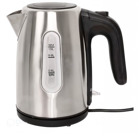 Roestvrijstalen Philips waterkoker met zwart handvat en waterniveau-indicator tot 1.5L.