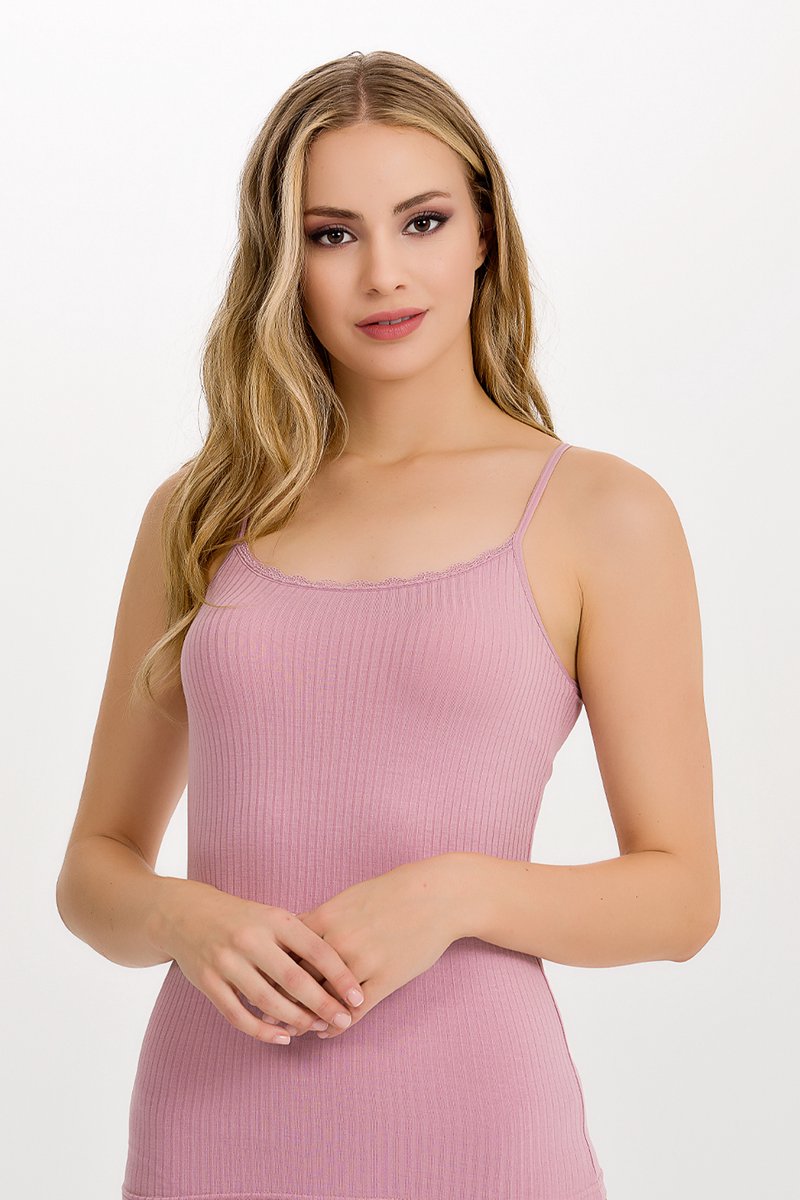 ilke® 2 pack Dames Spaghetti Tops met Kant - Comfortabele Stretch Viscose - Oudroos - S/M