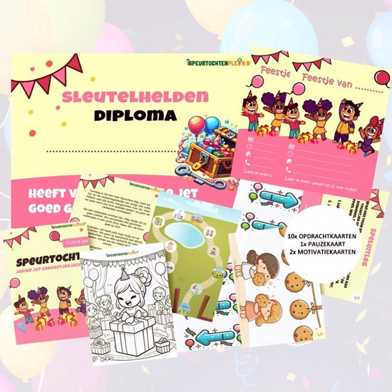 Een verzameling papieren items voor een kinderfeestje, inclusief diploma, kaartjes en uitnodiging.