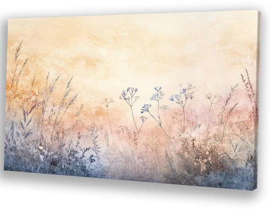 Zacht bloemenveld in pasteltinten - Natuur schilderij - Wanddecoratie canvas bloemen - Aquarel - Moderne schilderijen - Schilderijen & posters - canvas 120x80 cm