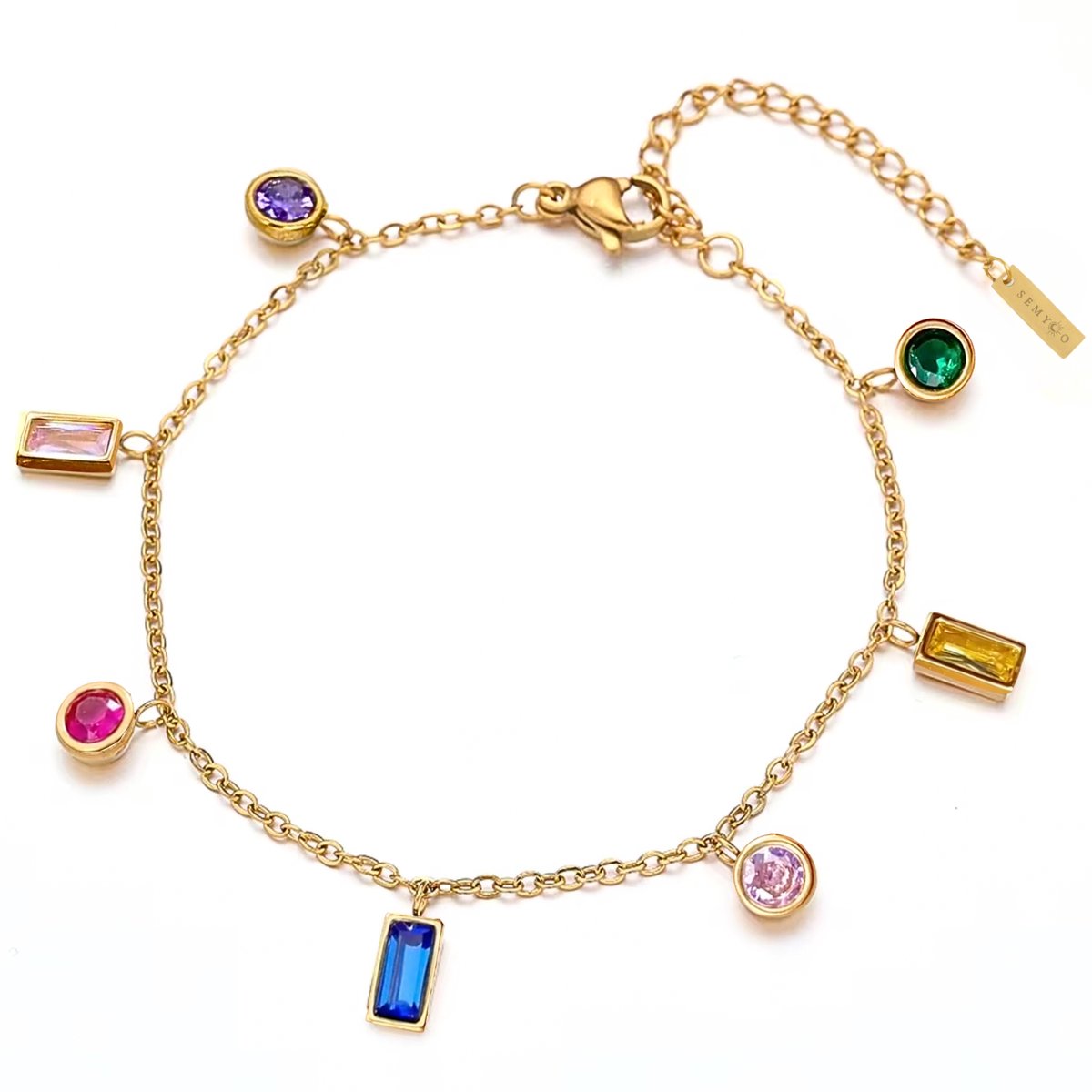 Semyco Armband Dames – Bedelarmband met gekleurde steentjes – Verstelbaar – Goudkleurig - Waterproof – Luxe verpakt – Chara