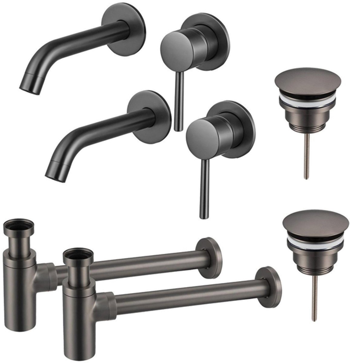 FugaFlow Eccelente Sobrado Badkamer Slim Wastafelkraanset - voor dubbele wastafel - inbouw wastafelkraan - always open plug - design sifon - PVD Gepolijst Gunmetal