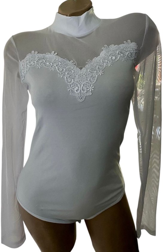 Haut en coton pour femme - Body manches longues avec dentelle S/M blanc