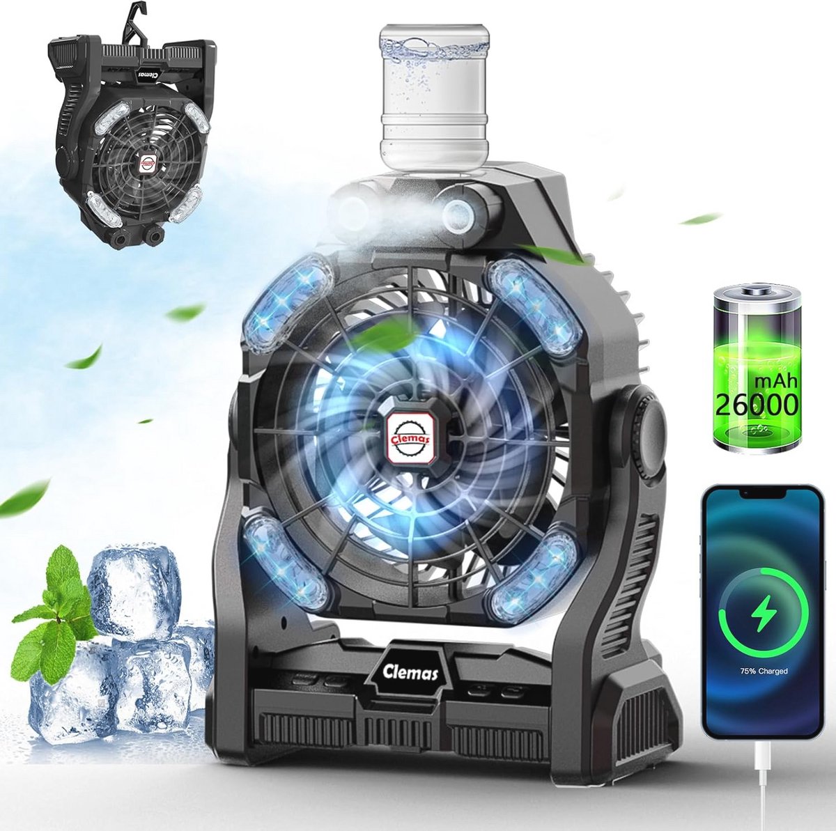 Draagbare campingventilator met oplaadbare mistverstuiver en RGB-verlichting, 16-60 uur autonomie