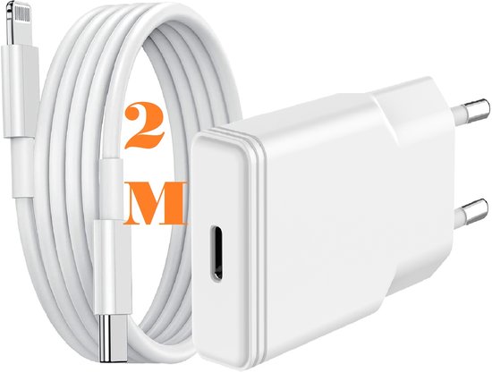 USB C Adapter / iPhone Oplader - iPhone Lader 20W Met 2M lightning naar usb C kabel Geschikt voor iPhone 14/ 14 Pro/ 14 Max/ 13/ 13 Pro/ 13 Pro Max/ 12/ 11/ Xr/ Xs Max/ 8/ 8 Plus/ Pro - Oplader / Snellader geschikt voor Apple iPhone
