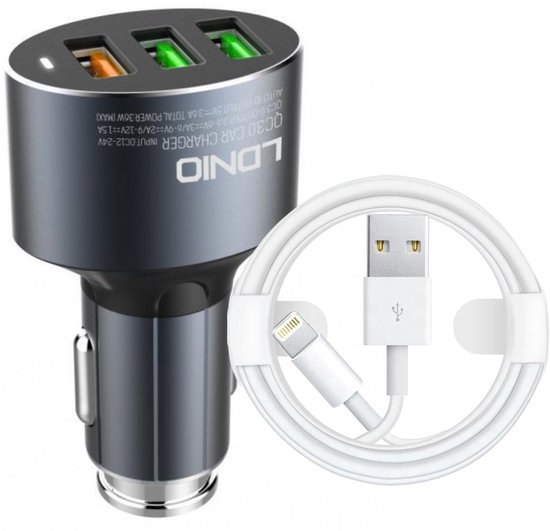 Autolader USB 3 Poorten - Auto Oplader USB - Auto Lader - Sigarettenaansteker USB oplader auto - Universeel + Kabel