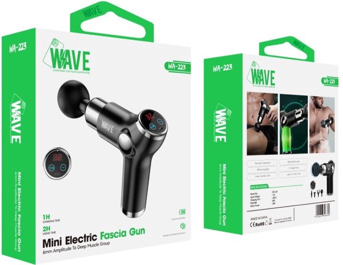 Afbeelding 2 van Wave Massage Gun – Diepe Weefsel Percussie Therapie (Model Nr. 223)30W motor met snelheden van 1.800 – 3.200 RPM. 5 snelheden en 4 massagekoppen. 2 uur gebruik per lading en snelle USB-C oplading.